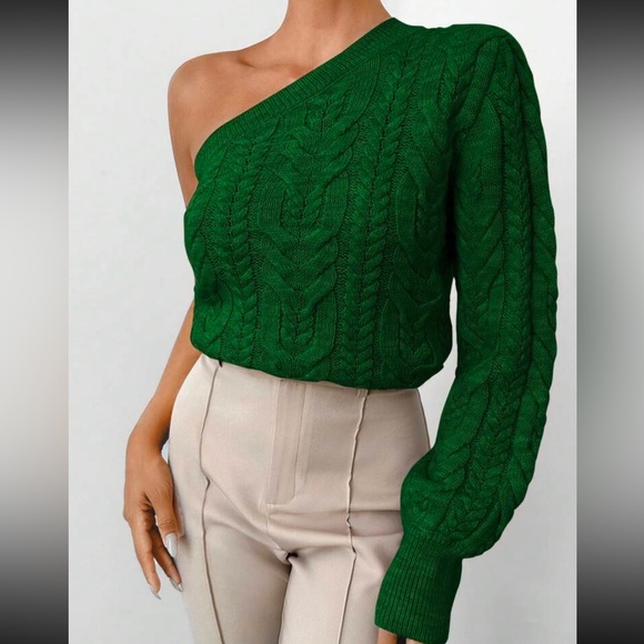 Luxe black one shoulder cable knit sweater top - Picture 12 of 13